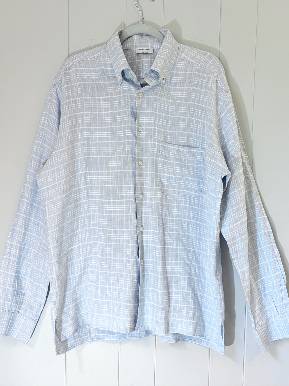 Gran Sasso 100% Linen Italy Light Blue Plaid Button Down Shirt Men’s XL